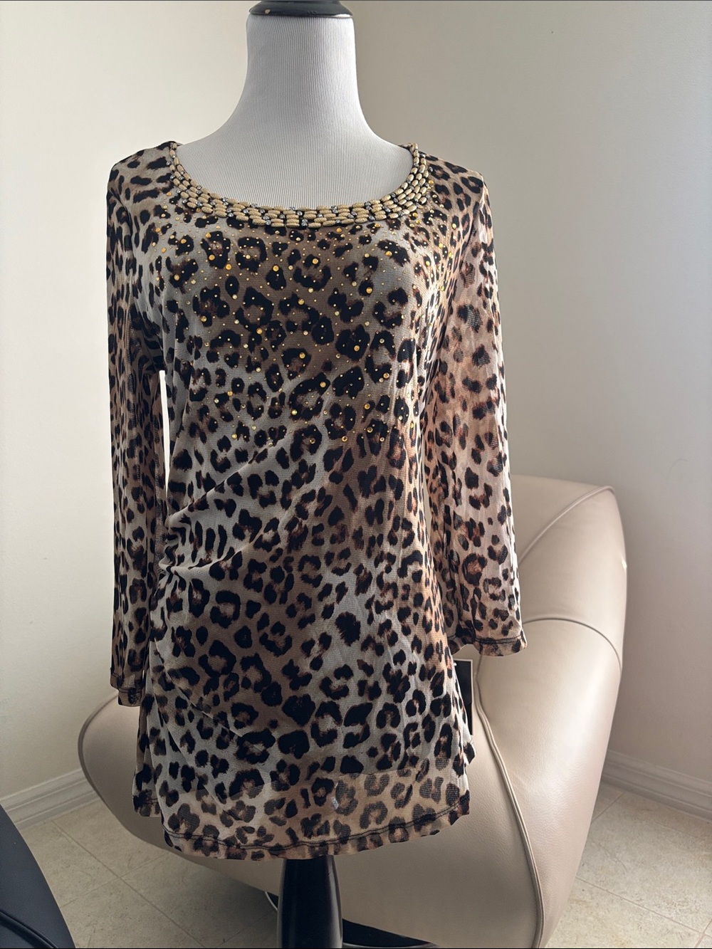Alfani Leopard Print Scoop Neck Tunic with Beaded Trim - Brown/Black/Cream